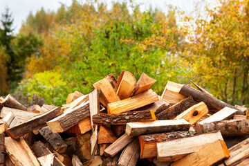 A pile of split firewood for heating a house, in an open space, close-up, against the backdrop of an autumn garden.