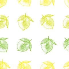 Lemon and lime seamless pattern with white background