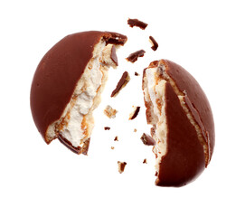 Broken delicious choco pie on white background