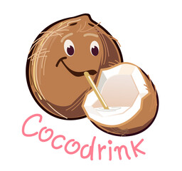 Cocoa nut drinking cocoa juice. Vector cartoon illustration. Isolated in white.