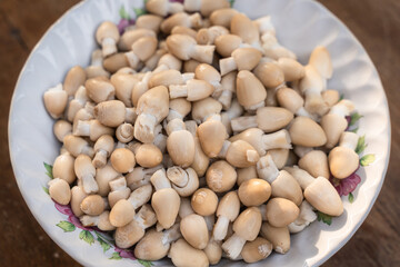 Coprinus comatus in a bowl wash and clean get ready to cook of stir-fried mushrooms with oyster sauce is delicious Asian food on wooden table.