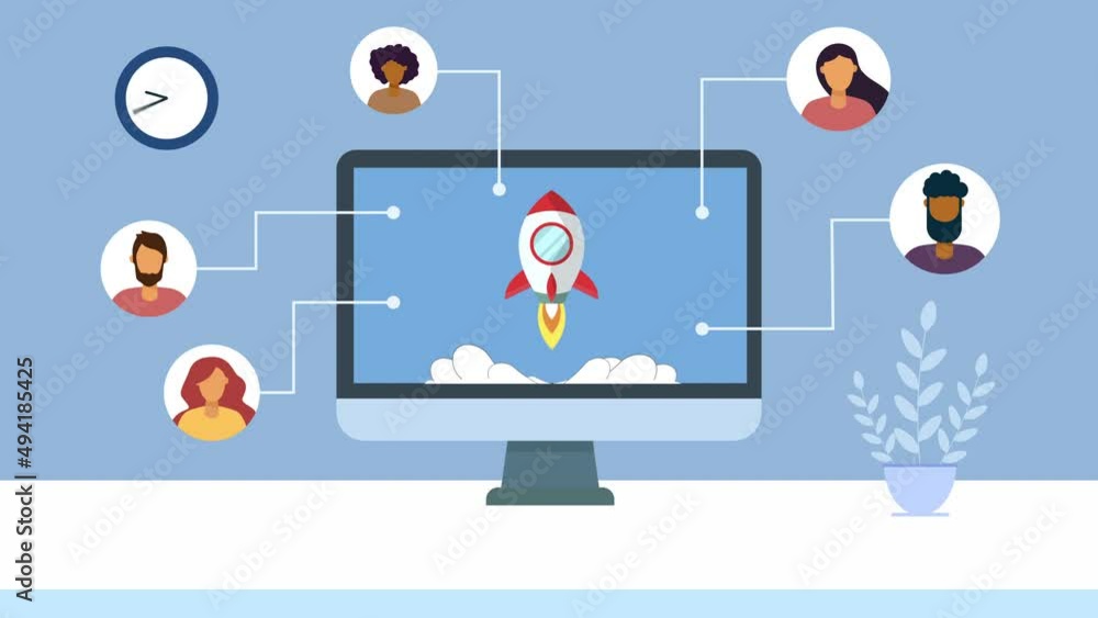 Wall mural rocket on desktop screen animation..people network connection.4k motion animation