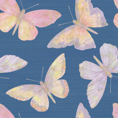 Bright watercolor butterflies collected in a seamless pattern. Botanical ornament on a colored background for design, print, wallpaper, fabric.