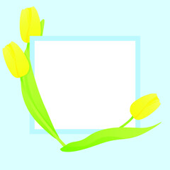 Blue background with yellow tulips and a square frame in the center