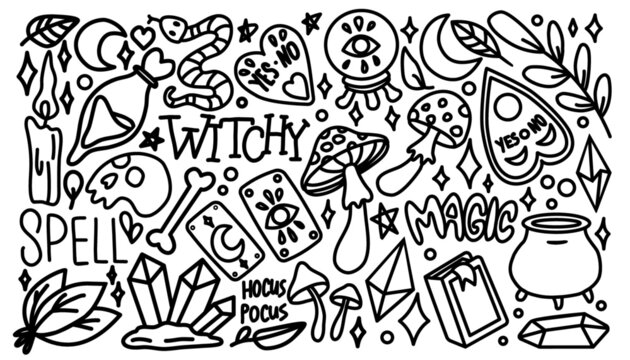 Hand drawing Vector Doodle set of Magic Crafts. Witchy objects: mushrooms, crystals, herb, snakes and ect. Magic lettering. Use for poster, card, design, print, pattern, fabric, packaging, textile