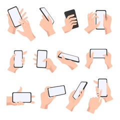 Obraz na płótnie Canvas Cartoon female or male hands hold smartphones with empty screens. Phone concept for mobile apps, video, social network and games vector set