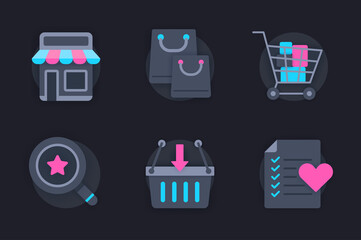 Shopping web concept of 3d paper icons set. Pack flat pictograms of making purchases, choosing goods from wish list, shopping in stores or supermarkets. Vector elements for website in dark style