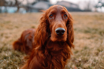 Irish red setter dog resting on green grass background, outdoors