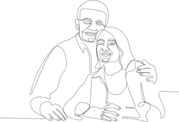 Continuous one line drawing of senior couple. Elderly people hug together. Old people in love. Man and woman on the path of life. Caring for each other. Vector illustration, freehand drawing