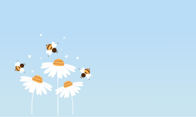 Bee cartoons and daisy flower on blue background vector.