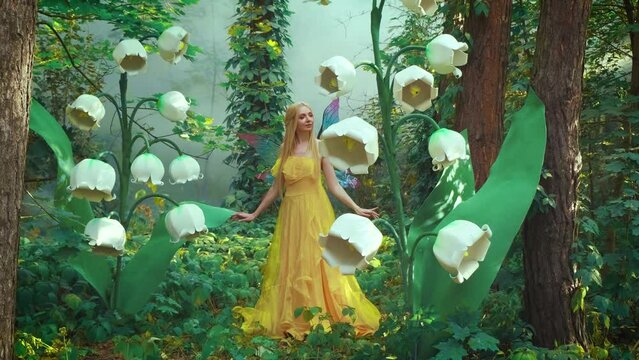 Happy smiling fantasy woman forest fairy. Girl elf princess stands in summer nature woods. Yellow dress costume butterfly wings. Large flowers scenery decor white lily of the valley. Green leaves tree