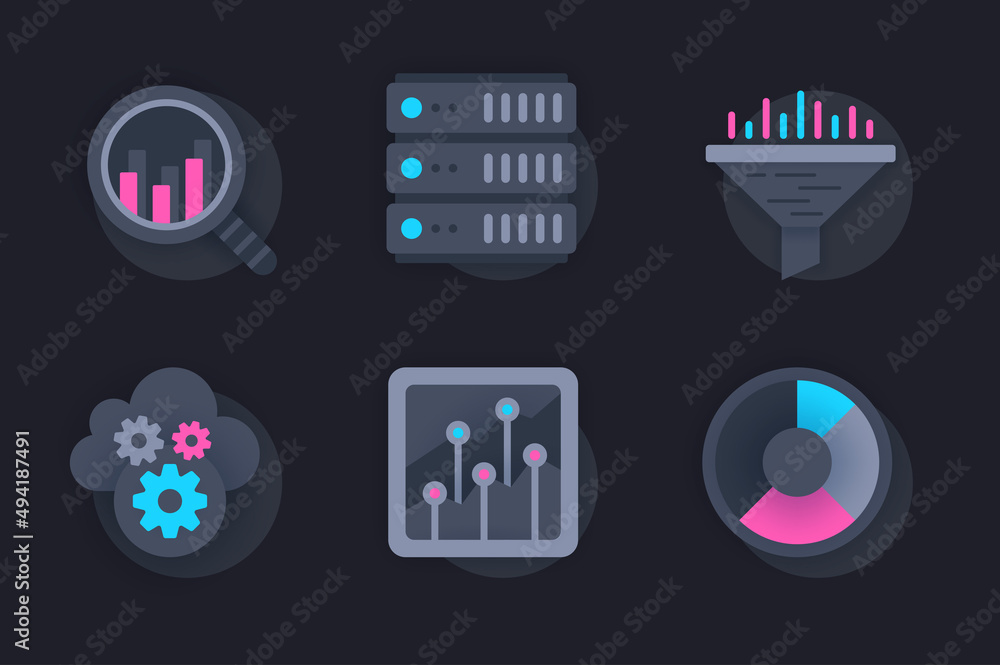 Leinwandbilder data analysis web concept of 3d paper icons set. pack flat pictograms of studying statistics, workin