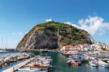 Naples, Ischia, Italy - July  05 2021: Landscape with Sant Angelo fishing village, coast of Ischia,...