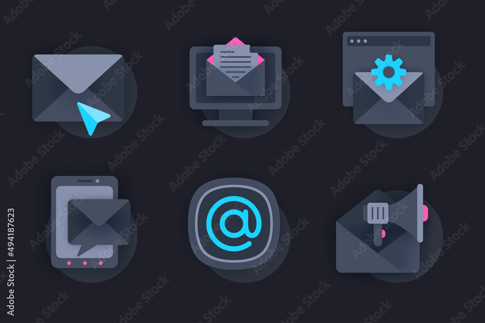Poster email service web concept of 3d paper icons set. pack flat pictograms of online correspondence, send