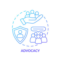 Advocacy blue gradient concept icon. Public communication. Serving public interest. PR code of ethics abstract idea thin line illustration. Isolated outline drawing. Myriad Pro-Bold font used