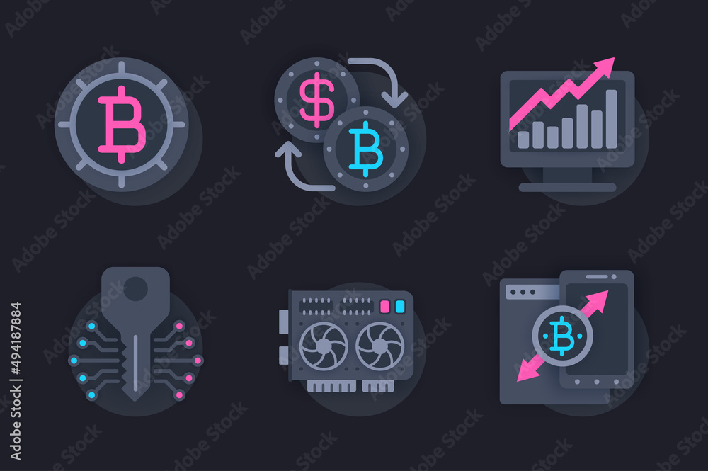 Poster Cryptocurrency web concept of 3d paper icons set. Pack flat pictograms of crypto business and blockchain technologies, bitcoin mining, equipment and analysis. Vector elements for website in dark style