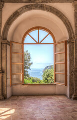 Naples, Ischia, Italy - July  05 2021: Window overlooking the sea of Ischia Naples
