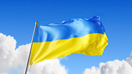 3d render, abstract patriotic background, silky waving blue-yellow ukrainian flag over the blue sky