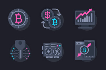 Cryptocurrency web concept of 3d paper icons set. Pack flat pictograms of crypto business and blockchain technologies, bitcoin mining, equipment and analysis. Vector elements for website in dark style