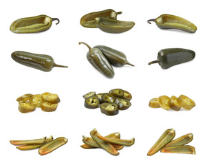 Set with pickled green jalapeno peppers on white background