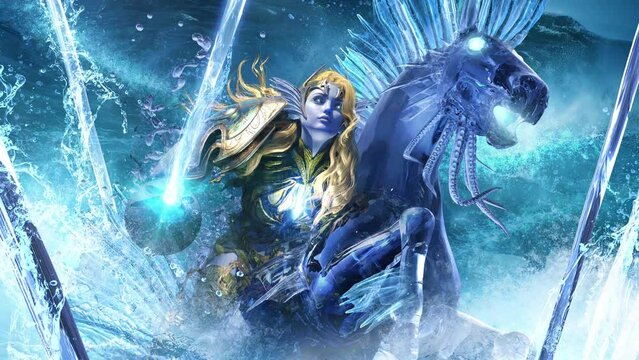 A beautiful blue-eyed cavalryman girl in golden plate armor rides a water horse riding a magic lance into battle on huge sea waves, she is underwater inhabitant clean looped 2d animation