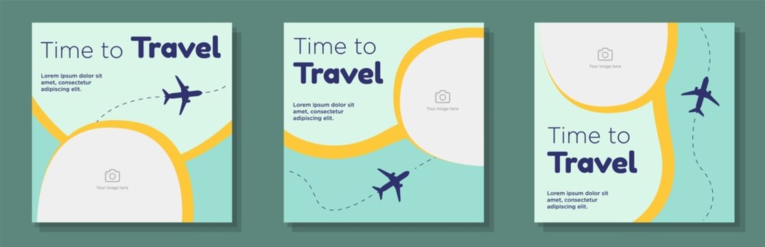 Time to travel social media post, banner set, summer vacation business advertisement concept, airplane trip marketing square ad, abstract print, isolated on background