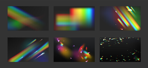 Rainbow crystal light beams, prism on black background. Collection of flare reflection, blurred lens refraction, glare, optical physics kaleidoscope fantasy effect, Realistic 3d vector illustration - obrazy, fototapety, plakaty