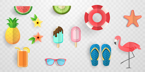set of summer decorations Vector illustration of life ring, ice cream, watermelon, sunglasses, flamingo, paper style.