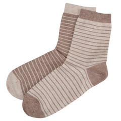 a pair of beige striped socks, different in color, on a white background