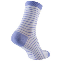 white volumetric sock with a blue heel and toe and with blue stripes, heel forward, on a white background