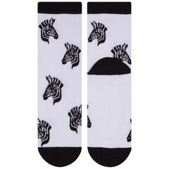 a pair of white socks with a zebra head pattern, one lies with the front part, the other with the heel forward