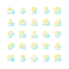 Bonuses gradient linear vector icons set. Special payment. Employee reward. Recognize customer loyalty. Compensation. Thin line contour symbol designs bundle. Isolated outline illustrations collection
