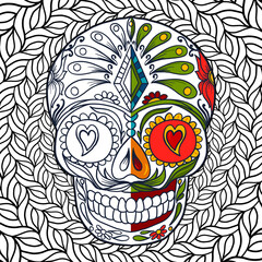 skull with flowers and folk style figures drawn on a background with abstract plants for coloring, day of the dead, coloring book pages