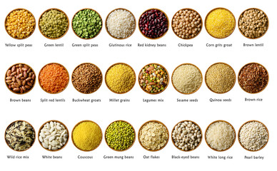 Big set of legumes and cereals in bowls with names isolated on white. Food background. Top view