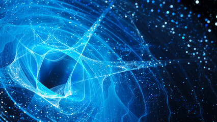 Blue glowing waves with particles in space template © sakkmesterke
