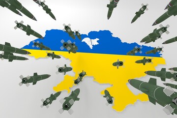 3d stylized schemitic map - Kyiv Kiev capital cyty of Ukraine under fire from ballistic missiles