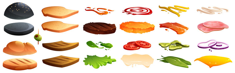 Burger and sandwich constructor with buns, beef and chicken patty, bread, cheese, vegetable slices and sauces. Vector cartoon set of fastfood ingredients, tomato, lettuce, onion, ham and salmon
