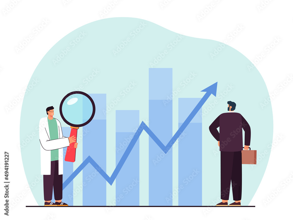 Aufkleber office person looking at business statistics. employee with magnifier examining bar graph with up ar