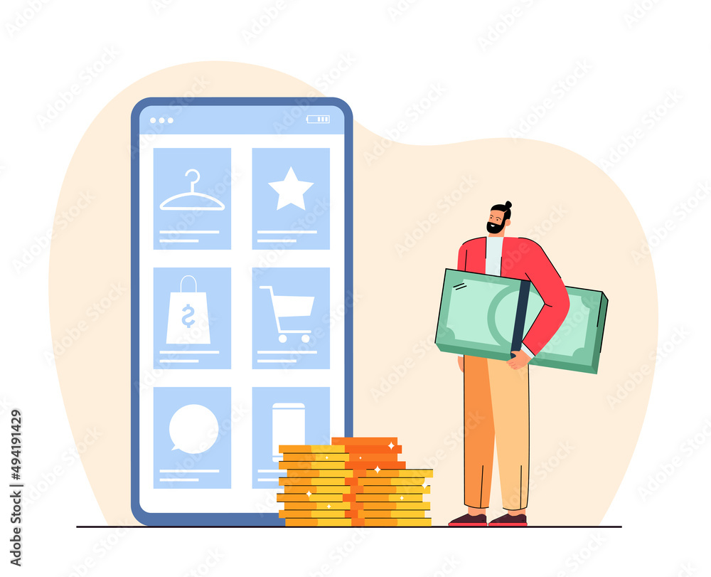 Poster tiny customer next to smartphone with internet store on screen. man carrying huge banknotes flat vec