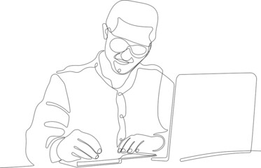 One continuous line is the concept. Vector illustration. Continuous line drawing of focused young man using laptop typing on keyboard writing email or message for your design minimal