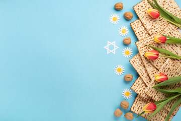 Fototapeta na wymiar Passover greeting card with matzah, nuts daisy and tulip flowers on blue background.