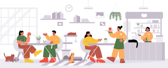 People visit cat cafe, male and female characters sitting at tables drinking beverages with kittens playing and relaxing around. Pets friendly hospitality, cozy place Line art vector illustration