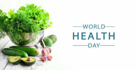 World Health day concept. Mix of green vegetables on white background.