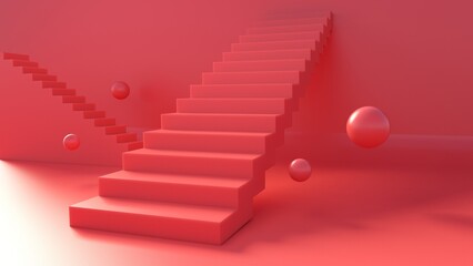 3D red stairs, red balls floating