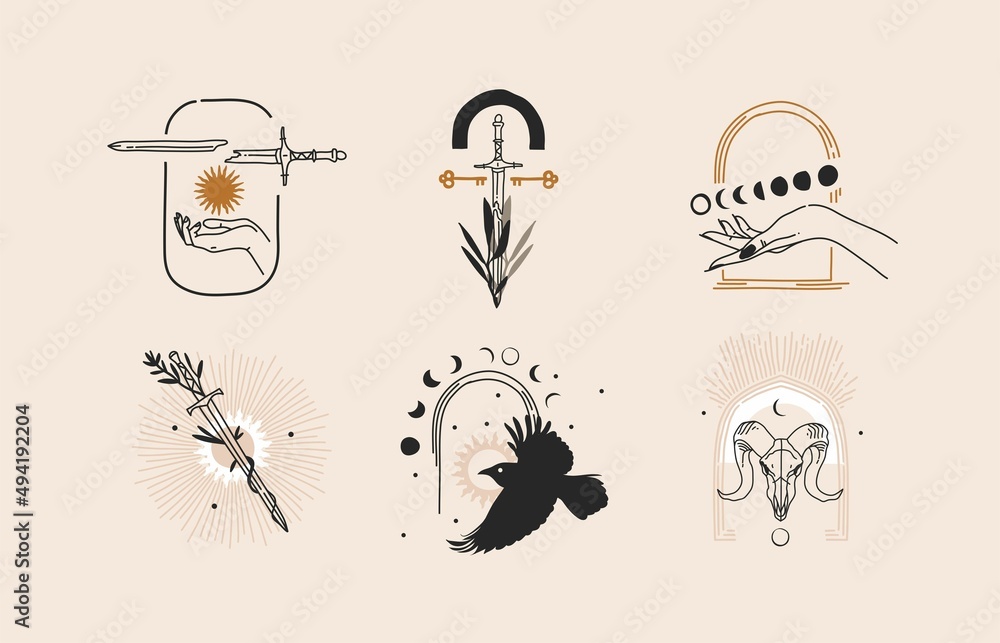 Wall mural hand drawn vector abstract stock graphic illustration with logo elements collection bundle set,magic