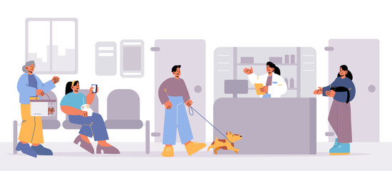 People visit vet clinic, pet owners with animals waiting in veterinary clinic queue sit on chairs in hospital interior with diseased dogs, cats and rabbit near counter, Line art vector illustration