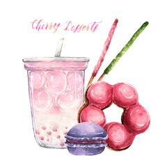Watercolor illustration. Dessert with sakura, bubble tea, donut, macaron, Pocky. handmade, postcard, print on t-shirt