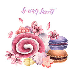 Obraz na płótnie Canvas Watercolor illustration. Dessert with sakura, swiss roll, macaron, Cherry Higashi Candy. handmade, postcard, print on t-shirt