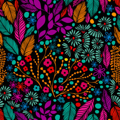 Seamless background from multicolored flowers and butterflies. Beautiful pattern of small beautiful flowers and twigs . Vector illustration