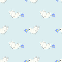 Seamless pattern - white pigeons birds on blue sky with flower. Peace and stop war in Ukraine.